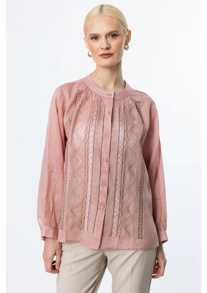 Önü Nakışlı Pembe Keten Kadın Bluz 3928-2Y5 modelleri