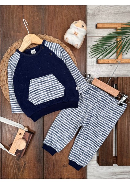 Kışlık Kadife Yumuşak Doku Kanguru Ceplii 2li Erkek Bebek Takım