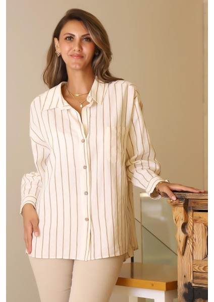 Çizgili Cep Detaylı Bej Kadın Gömlek Asena Çizg-2y5