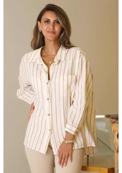 Çizgili Cep Detaylı Bej Kadın Gömlek Asena Çizg-2y5 fiyatları
