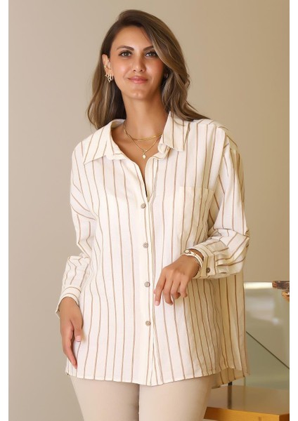 Çizgili Cep Detaylı Bej Kadın Gömlek Asena Çizg-2y5 modelleri