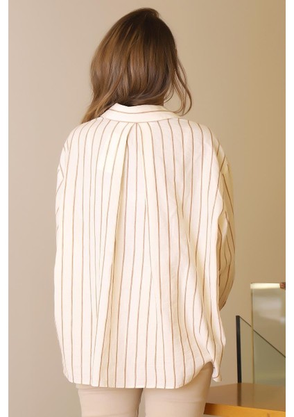 Çizgili Cep Detaylı Bej Kadın Gömlek Asena Çizg-2y5 fırsatları
