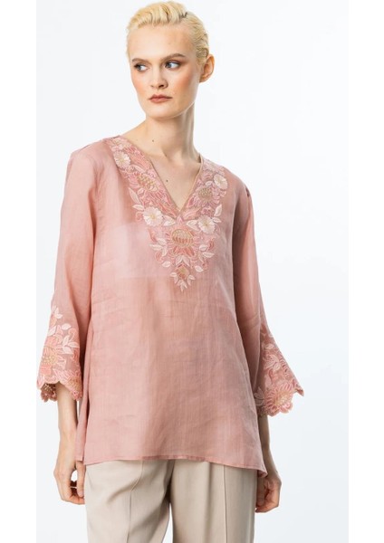 Nakış Detaylı Keten Pembe Kadın Bluz 3936-2Y5