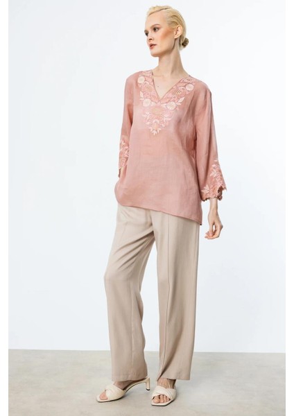 Nakış Detaylı Keten Pembe Kadın Bluz 3936-2Y5 fiyatları
