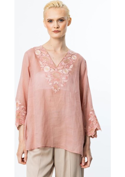 Nakış Detaylı Keten Pembe Kadın Bluz 3936-2Y5 modelleri