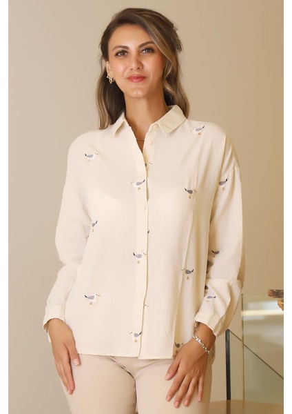 Kuş Desenli Natural Kadın Gömlek 4079-2Y5