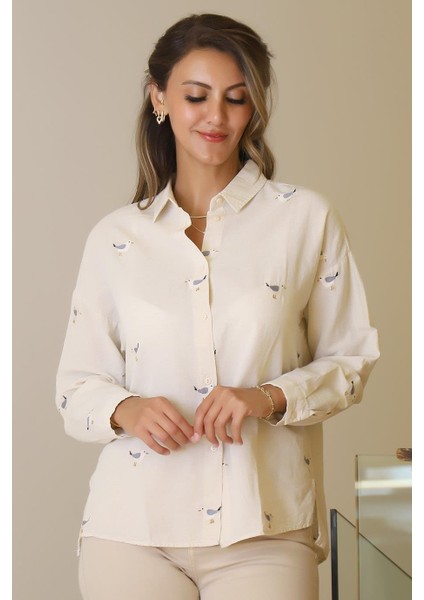 Kuş Desenli Natural Kadın Gömlek 4079-2Y5 fiyatları