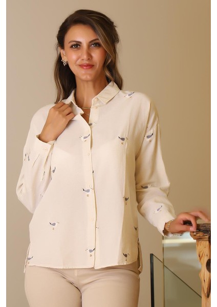 Kuş Desenli Natural Kadın Gömlek 4079-2Y5 modelleri