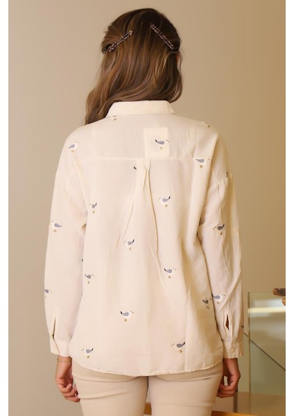 Kuş Desenli Natural Kadın Gömlek 4079-2Y5 fırsatları