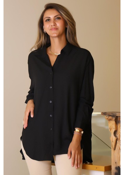 Arkası Uzun Siyah Kadın Gömlek 8124-2Y5