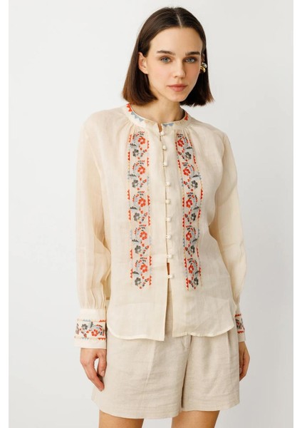 Önü Şerit Nakışlı Bej Keten Bluz 3930-2Y5