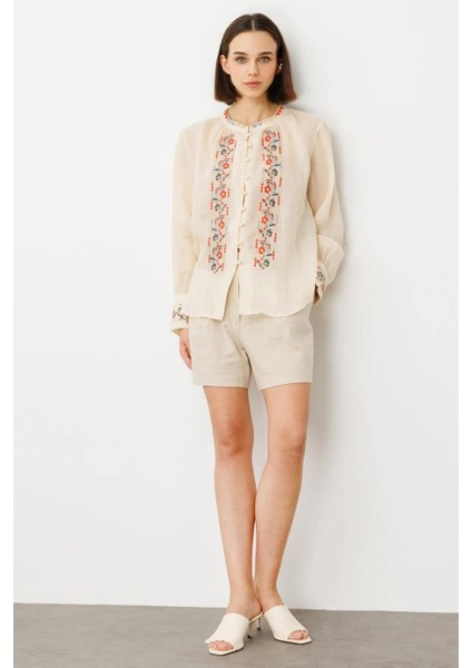 Önü Şerit Nakışlı Bej Keten Bluz 3930-2Y5 fiyatları