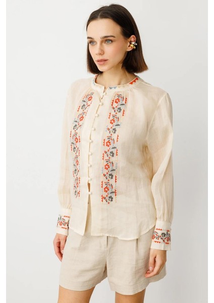 Önü Şerit Nakışlı Bej Keten Bluz 3930-2Y5 modelleri