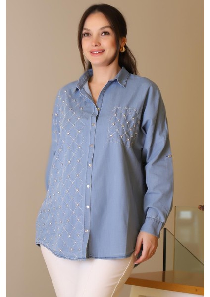 Kot Cep Detaylı Inci ve Taş Işlemeli Kot Kadın Gömlek 4744-2Y5