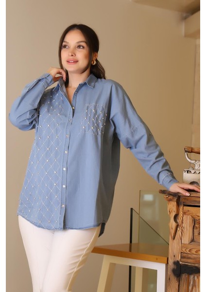 Kot Cep Detaylı Inci ve Taş Işlemeli Kot Kadın Gömlek 4744-2Y5 fiyatları