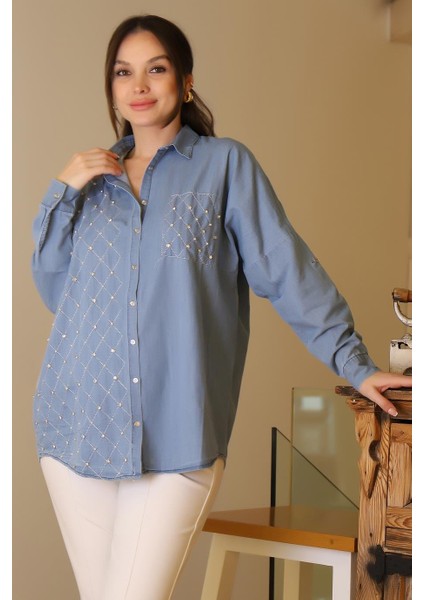 Kot Cep Detaylı Inci ve Taş Işlemeli Kot Kadın Gömlek 4744-2Y5 modelleri