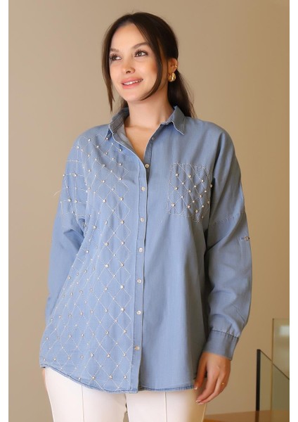 Kot Cep Detaylı Inci ve Taş Işlemeli Kot Kadın Gömlek 4744-2Y5 fırsatları