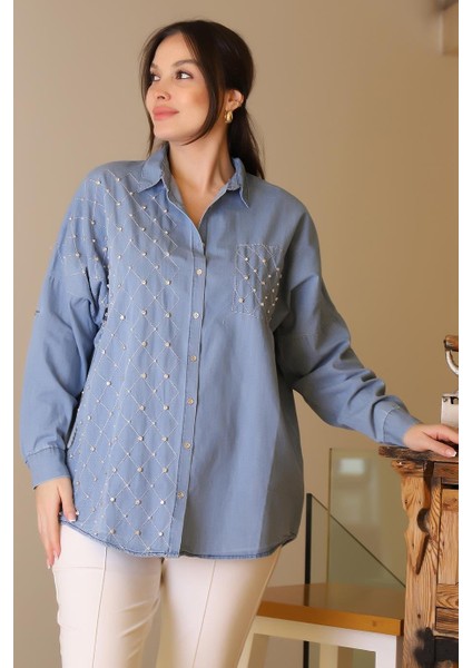 Kot Cep Detaylı Inci ve Taş Işlemeli Kot Kadın Gömlek 4744-2Y5 indirimleri