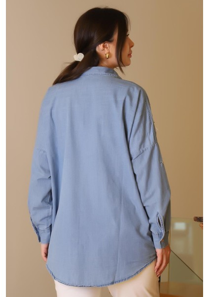 Kot Cep Detaylı Inci ve Taş Işlemeli Kot Kadın Gömlek 4744-2Y5