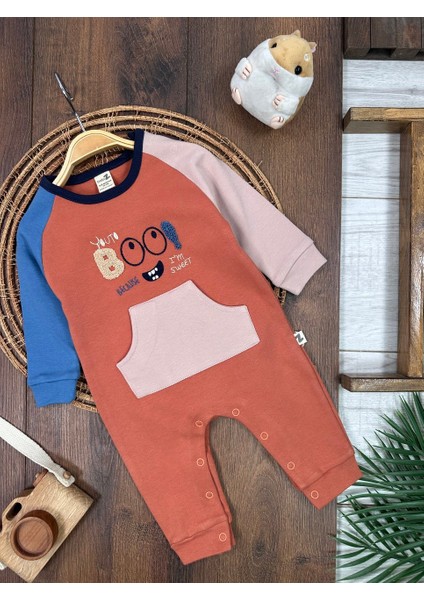 Pamuklu Peluş Nakışlı Kanguru Cepli Omuzdan Alttan Çıtçıtlı Erkek Bebek Tulum