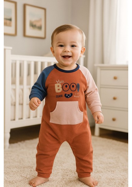 Pamuklu Peluş Nakışlı Kanguru Cepli Omuzdan Alttan Çıtçıtlı Erkek Bebek Tulum fiyatları