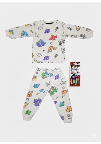 Çocuk Boyanabilir Uzay Temalı Pijama Takımı Kalem Hediyeli Aktivite Seti