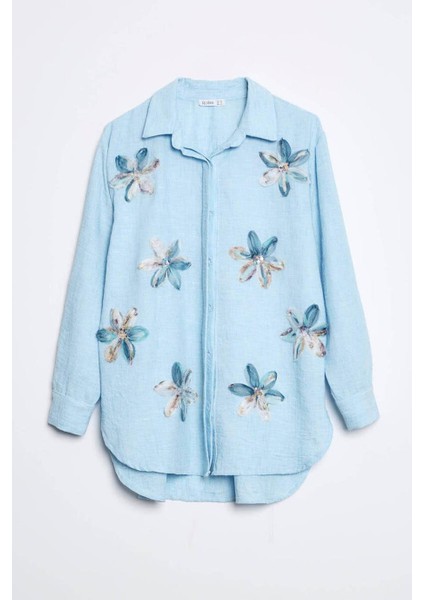 Uzun Kollu Çiçekli Mavi Kadıngömlek M38044-2Y5 fiyatları