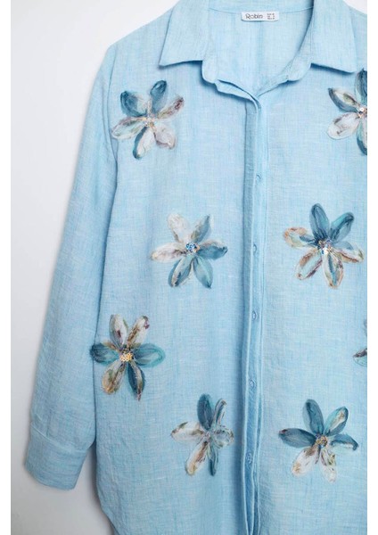 Uzun Kollu Çiçekli Mavi Kadıngömlek M38044-2Y5 fırsatları