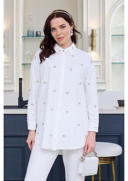 Uzun Kollu Taşlı Beyaz Kadın Gömlek MA11.03-2Y5