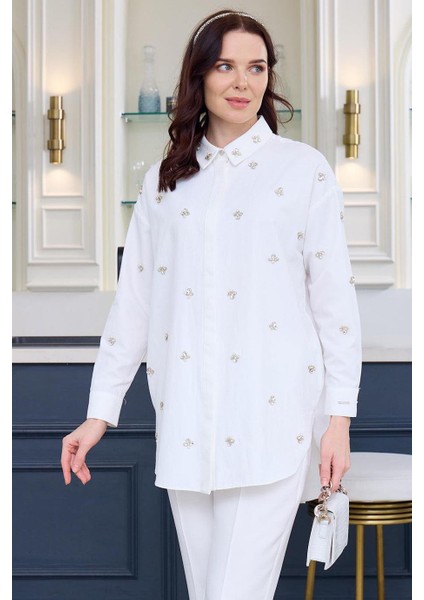 Uzun Kollu Taşlı Beyaz Kadın Gömlek MA11.03-2Y5 fiyatları