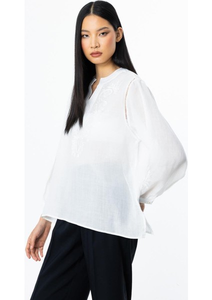 Işlemeli Ekru Keten Kadın Bluz 3924-2Y5