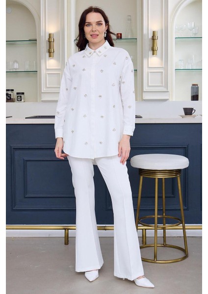 Uzun Kollu Taşlı Beyaz Kadın Gömlek MA11.03-2Y5 fırsatları