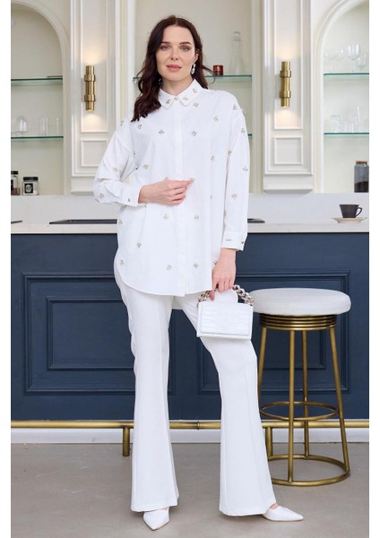 Uzun Kollu Taşlı Beyaz Kadın Gömlek MA11.03-2Y5 indirimleri