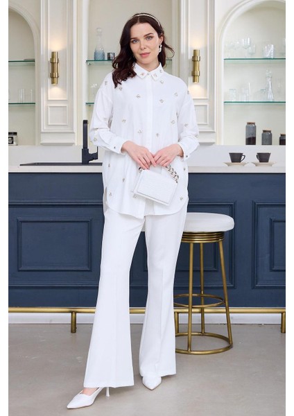 Uzun Kollu Taşlı Beyaz Kadın Gömlek MA11.03-2Y5