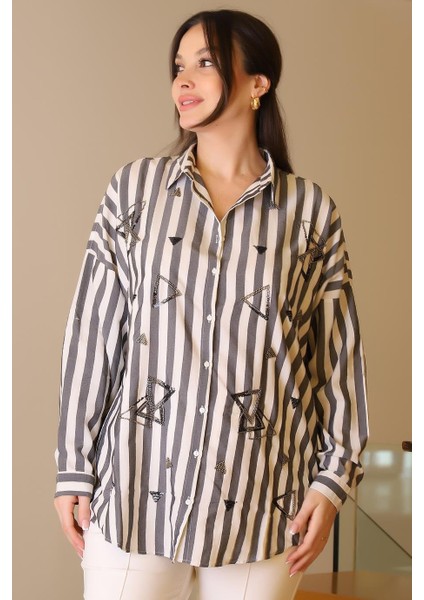 Çizgili Boncuk Işlemeli Gri Beyaz Kadın Gömlek 4107-2Y5 fiyatları