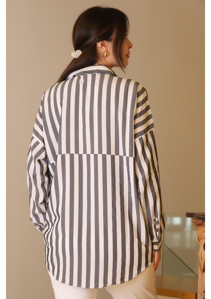 Çizgili Boncuk Işlemeli Gri Beyaz Kadın Gömlek 4107-2Y5 fırsatları