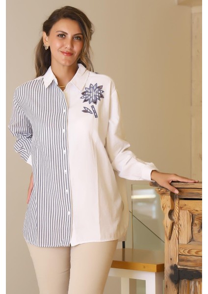 Omuzu Çiçek Detaylı Beyaz Kadın Gömlek 3850-2Y5 modelleri