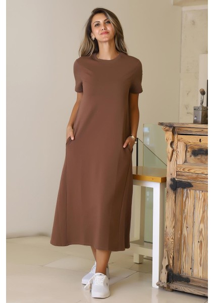 Sıfır Yaka Kısa Kollu Kahve Kadın Elbise S0014266-2Y5