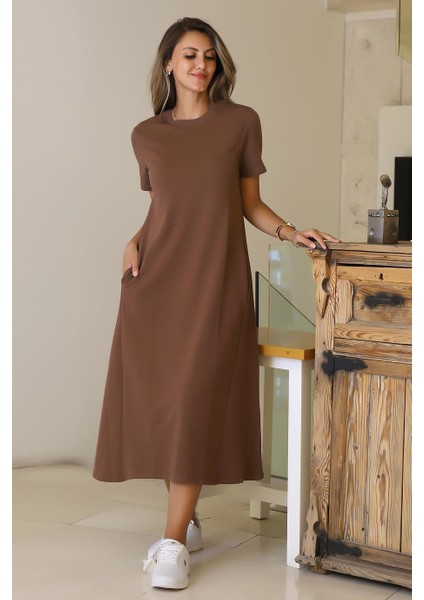 Sıfır Yaka Kısa Kollu Kahve Kadın Elbise S0014266-2Y5 fiyatları