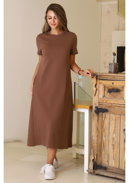 Sıfır Yaka Kısa Kollu Kahve Kadın Elbise S0014266-2Y5 modelleri