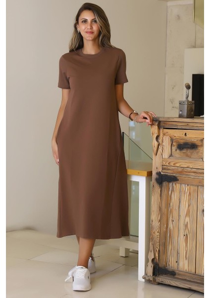 Sıfır Yaka Kısa Kollu Kahve Kadın Elbise S0014266-2Y5 fırsatları