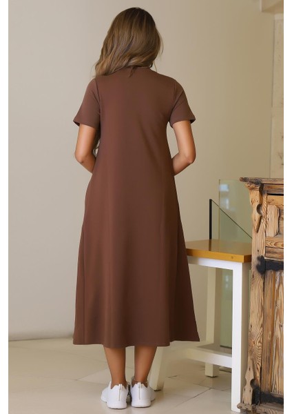 Sıfır Yaka Kısa Kollu Kahve Kadın Elbise S0014266-2Y5 indirimleri