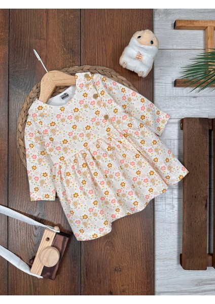 Pamuklu Çiçek Desenli Uzun Kollu Kız Bebek Elbisesi