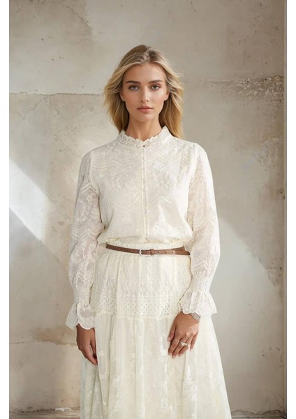 Hakim Yaka Kolları Lastikli Naturel Kadın Gömlek M38182-2Y5