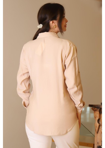 Yakası Boncuk Işlemeli Bej Kadın Gömlek 3210-2Y5 indirimleri