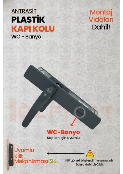 Pvc Pimapen Plastik Banyo, Tuvalet, Wc Kapı Kolu – Antrasit – (40 Takım / 1 Koli) modelleri