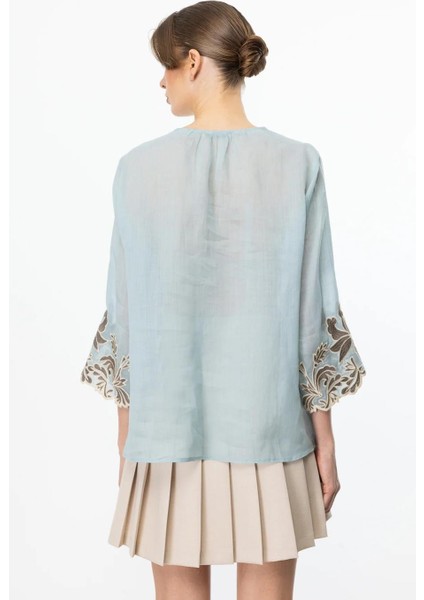 Önü Işlemeli Keten Mavi Kadın Bluz 3934-2Y5 indirimleri