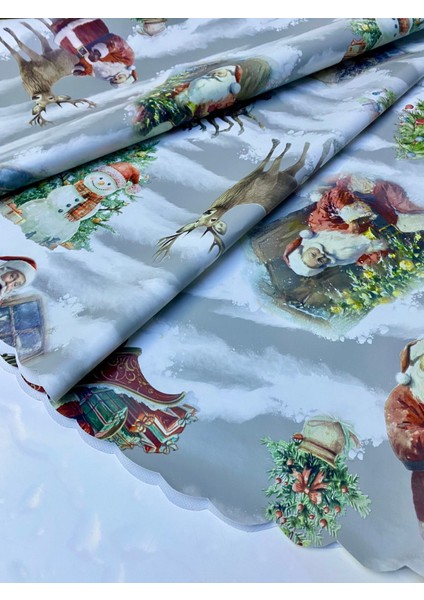 Kardan Adam Geğikli Kırmızı Noel Baba Yılbaşı Konsepti Astarlı Kaymaz Pvc Yuvarlak Muşamba Masa Örtüsü fiyatları