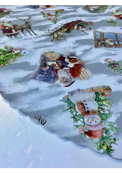 Kardan Adam Geğikli Kırmızı Noel Baba Yılbaşı Konsepti Astarlı Kaymaz Pvc Yuvarlak Muşamba Masa Örtüsü modelleri