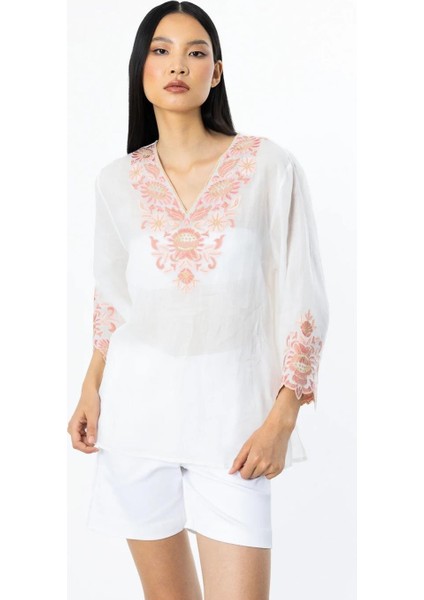 Nakış Detaylı Keten Ekru Kadın Bluz 3936-2Y5